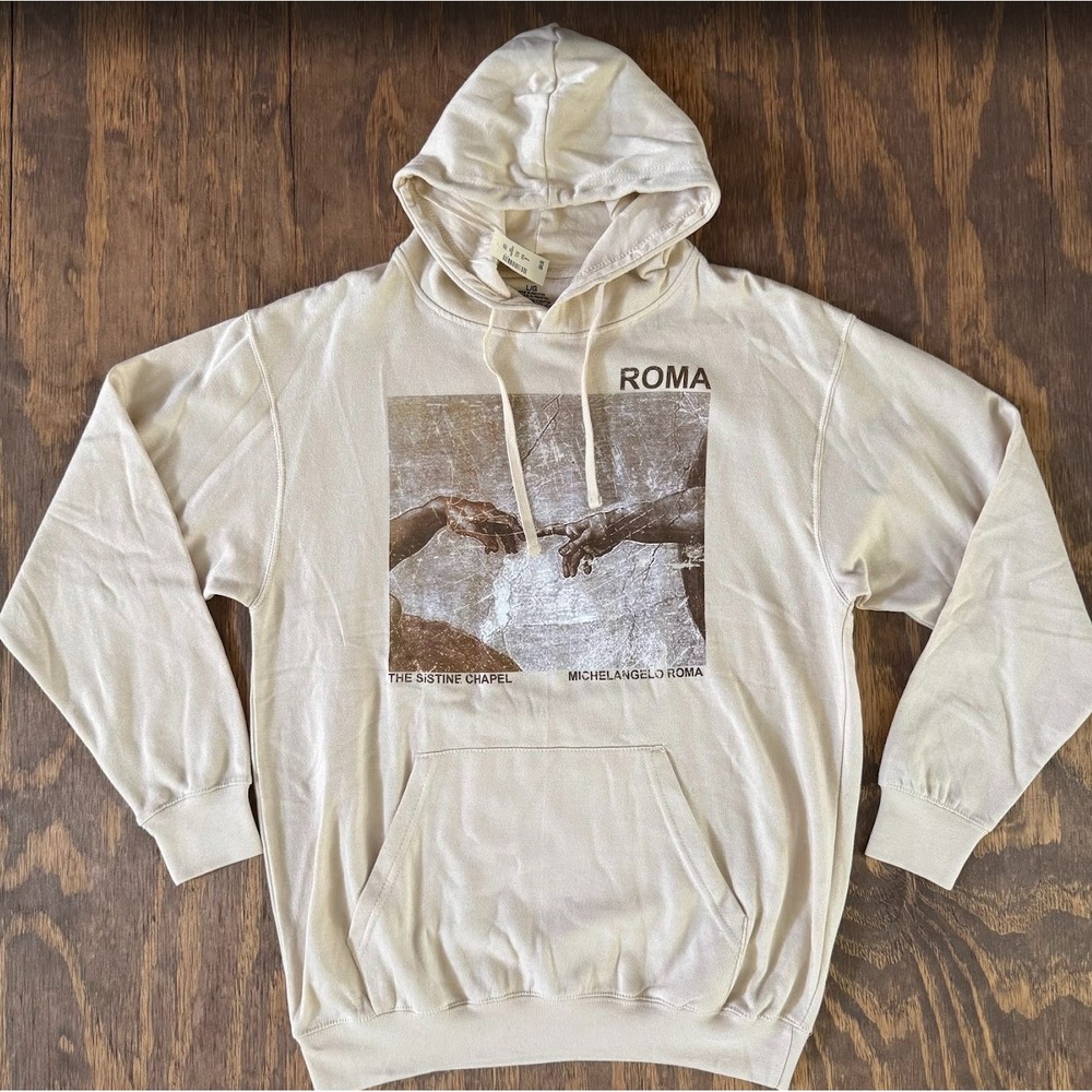 Michelangelo Sistine Chapel Creation of Adam Roma Graphic Hoodie Cream L NWT